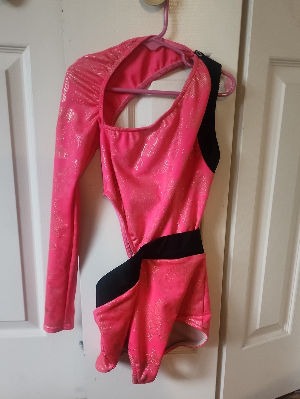 Girls' Hot Pink One-Shoulder Dance Costume with Black Accent